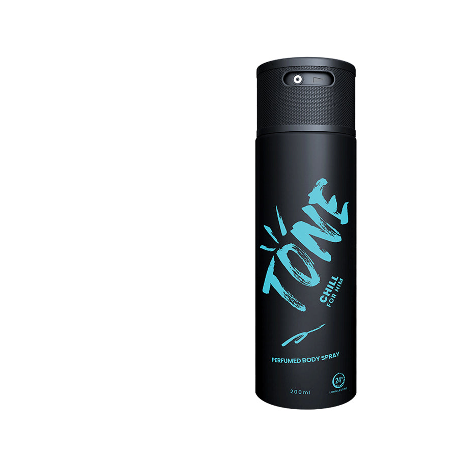 A bottle of tone chill for him perfumed body spray