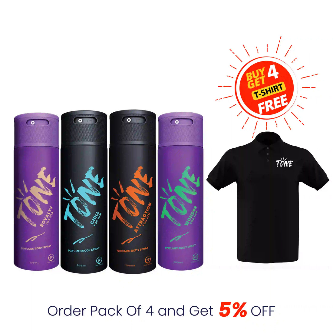 Pack of 4 (Royalty, Chill, Attraction and Wonder) with free T-Shirt