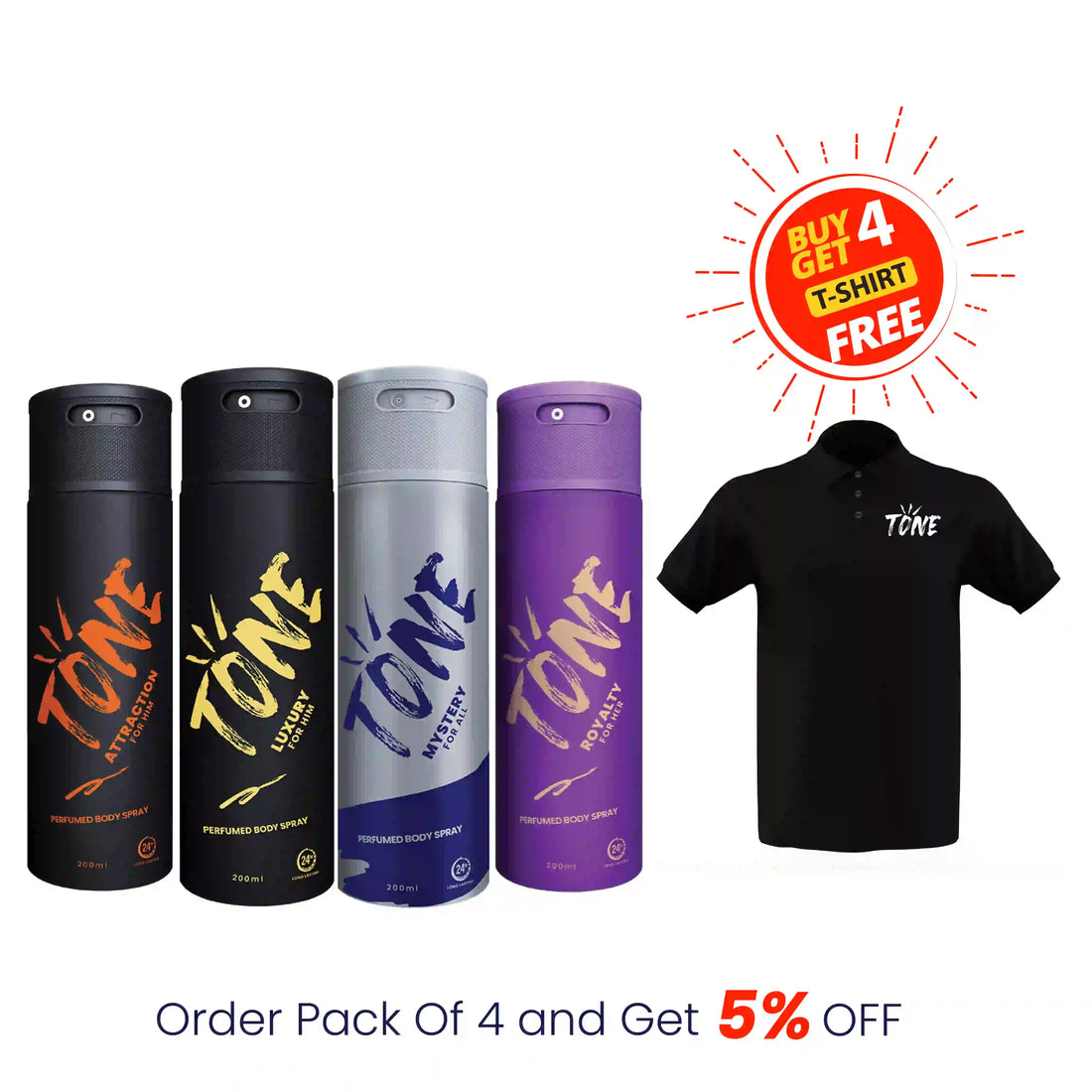 Pack of 4 (Attraction, Luxury, Mystery and Royalty) with free T-Shirt