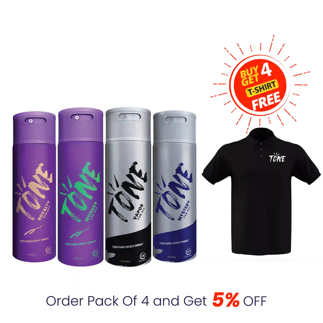 Pack of 4 (Royalty, wonder, vapor and mystery) with free T-Shirt