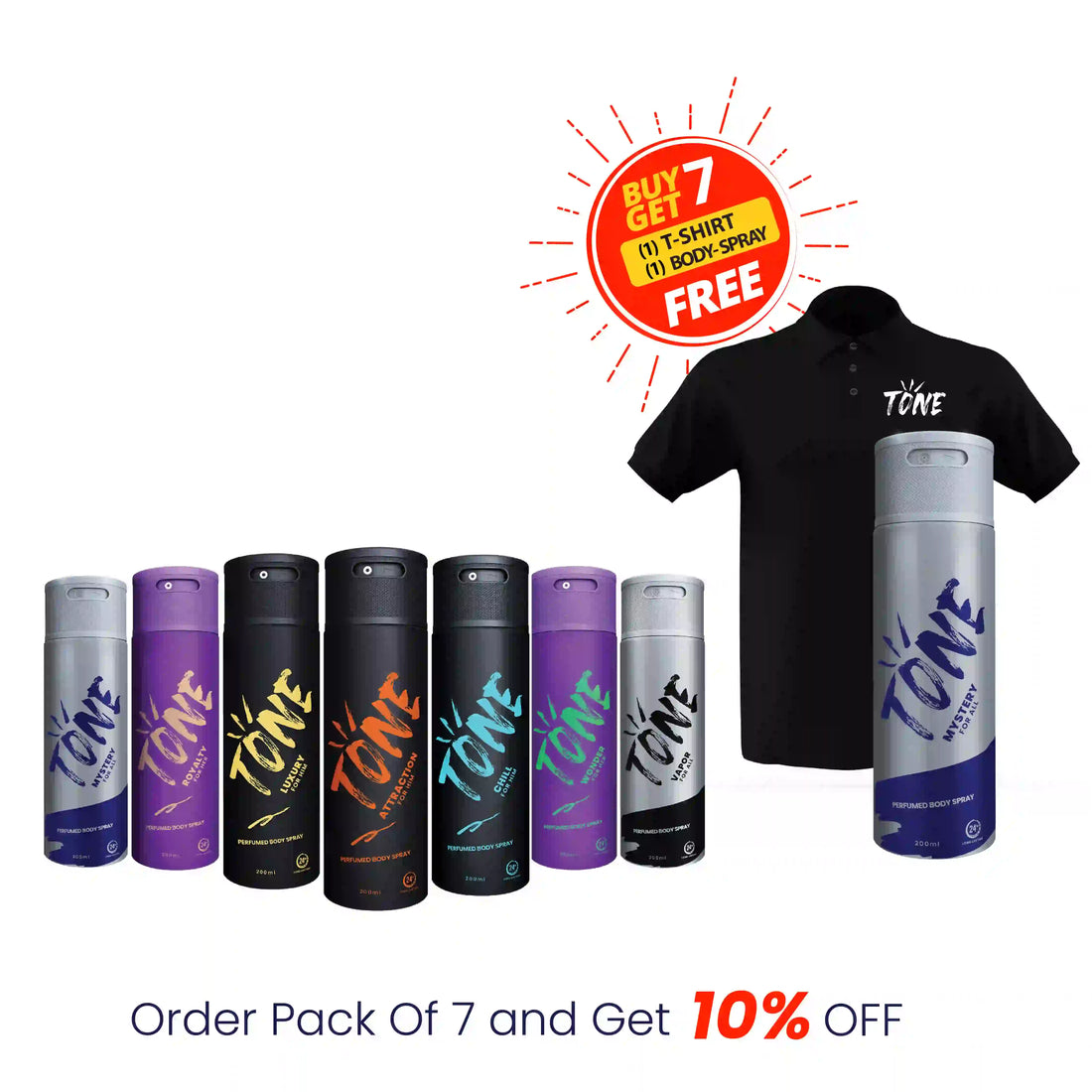 Buy pack of 7 get Tone Perfumed Body Spray &amp; T-Shirt Free